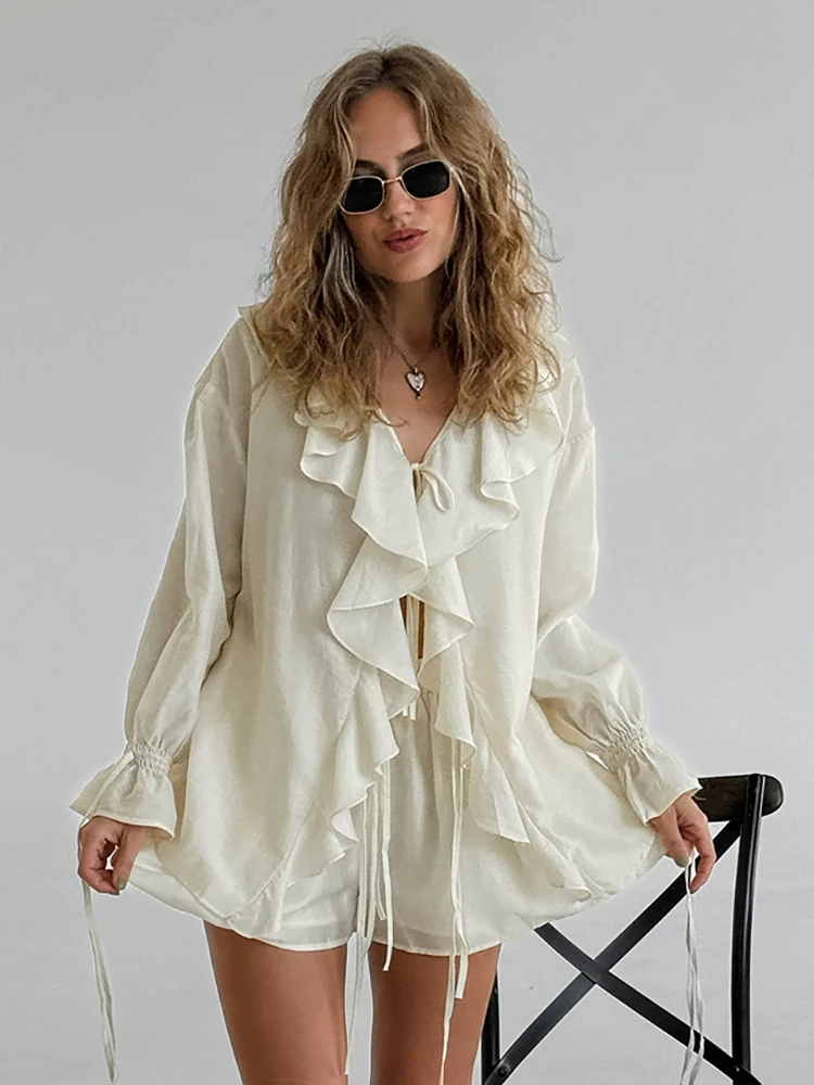 

JULISSA MO Sexy V-neck Ruffles Women Pant Suit Beige Long Sleeve Top Short Pant Set Female Spring Vacation Casual Two Piece Sets