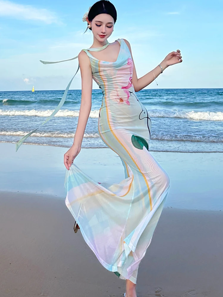 Summer Floral Chic Swinging Collar Sexy Sling Dress Women Boho Elegant Casual Holiday Dress 2025 Korean Bodycon Festival Dresses