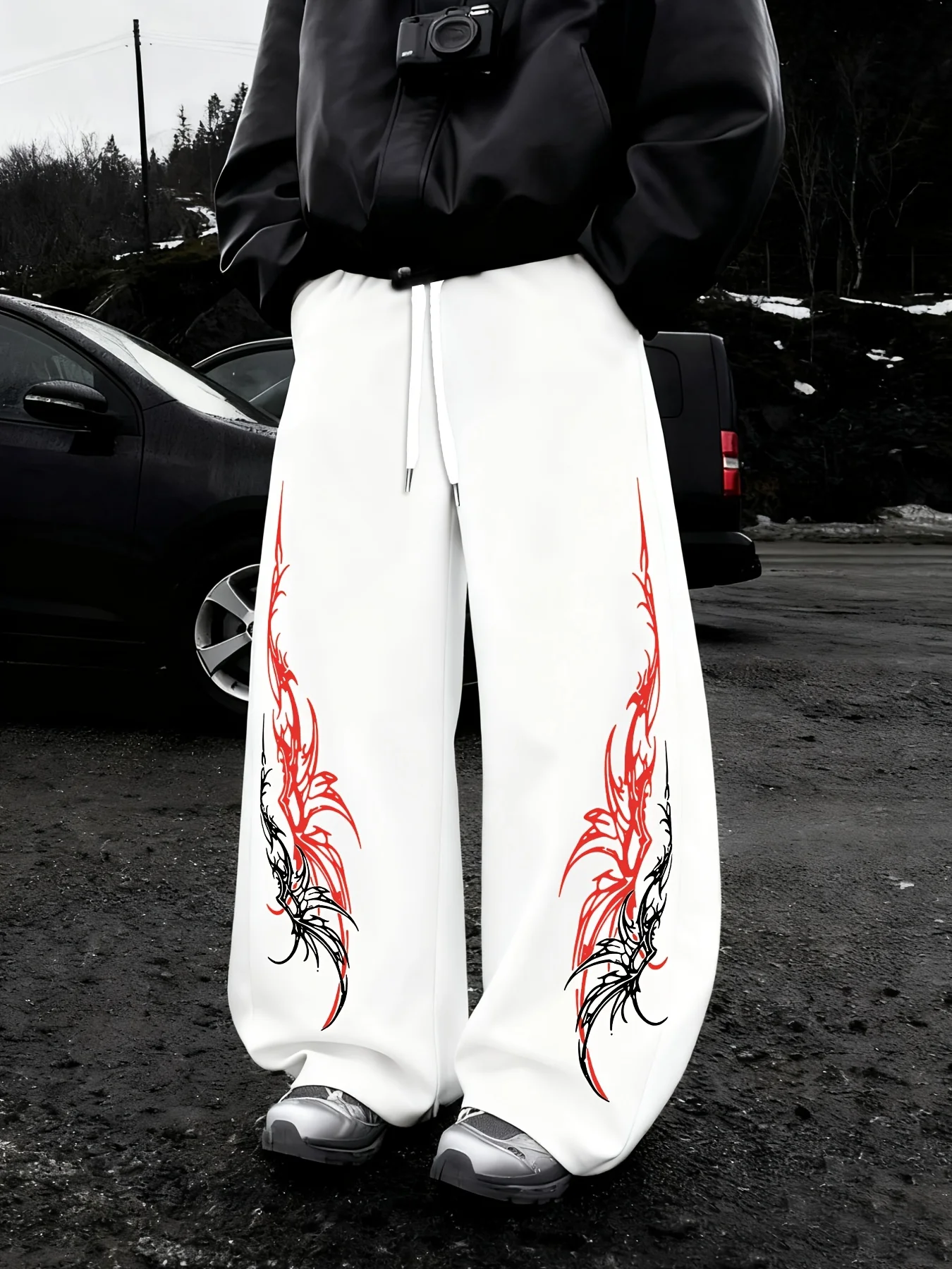 Men's Gothic Style Dark Casual Jogging Pants, Loose Straight Sports Sweatpants, Trendy Pants