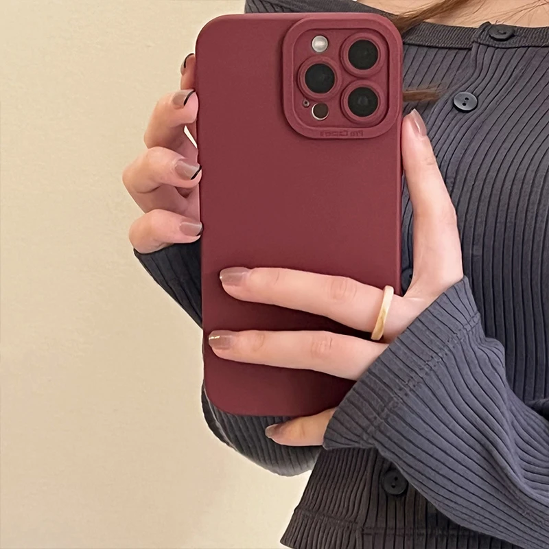 Wine Red Liquid Skin Silicone Phone Case For iPhone 17 Pro Max 16 15 13 14 12 11 Pro Max 16 Plus Soft Shockpoof Back Cover Shell