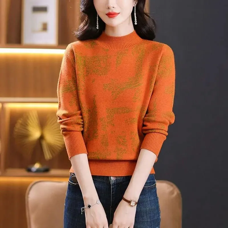 New Autumn/Winter Fashion Korean Edition Colorblock Jacquard Half High Neck Loose Versatile Slim Women\'s Long Sleeve Sweater