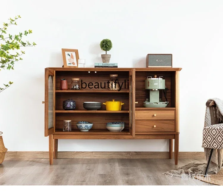 

A57 Nordic medieval retro dining side cabinet Myanmar old teak storage cabinet All solid wood glass arched locker