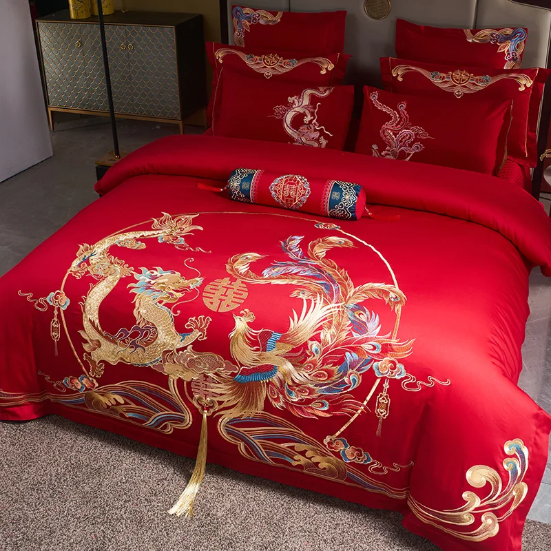 Luxury Gold Tassels Dragon Phoenix Embroidery Chinese Wedding Red 100% Cotton Bedding Set Duvet Cover Bed Sheet Pillowcases