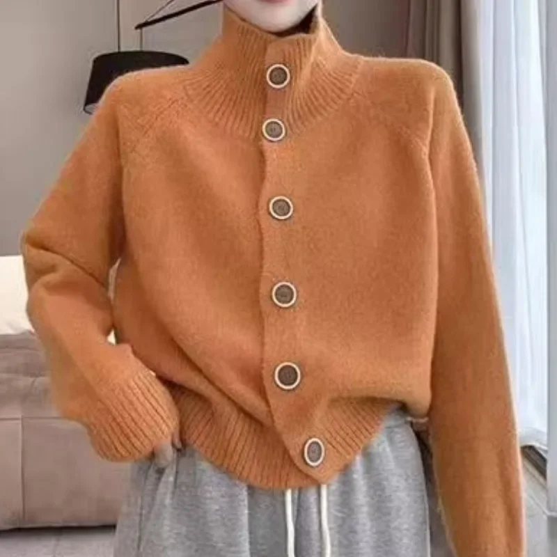 

Stylish High Collar Knitted Sweater Cardigan Women's Autumn Winter New Loose Personality Short Lazy Style Soft Cozy Outerwear