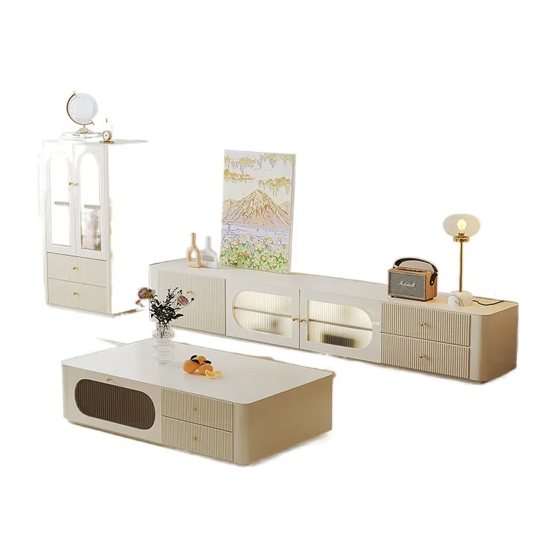 

Комплект мебели для гостиной: тумба под ТВ и журнальный столик в стиле кремового цвета, простой современный французский дизайн, из массива дерева, молочно-белый, напольная тумба с отделкой по краям.