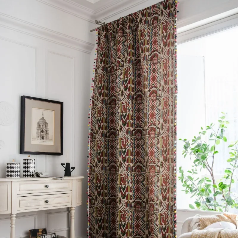 Floral Pattern Curtains Semi-Blackout Drapes Cotton Linen Bohemian Window Curtain with Tassel Beige Rod Pocket Bedroom Drapes