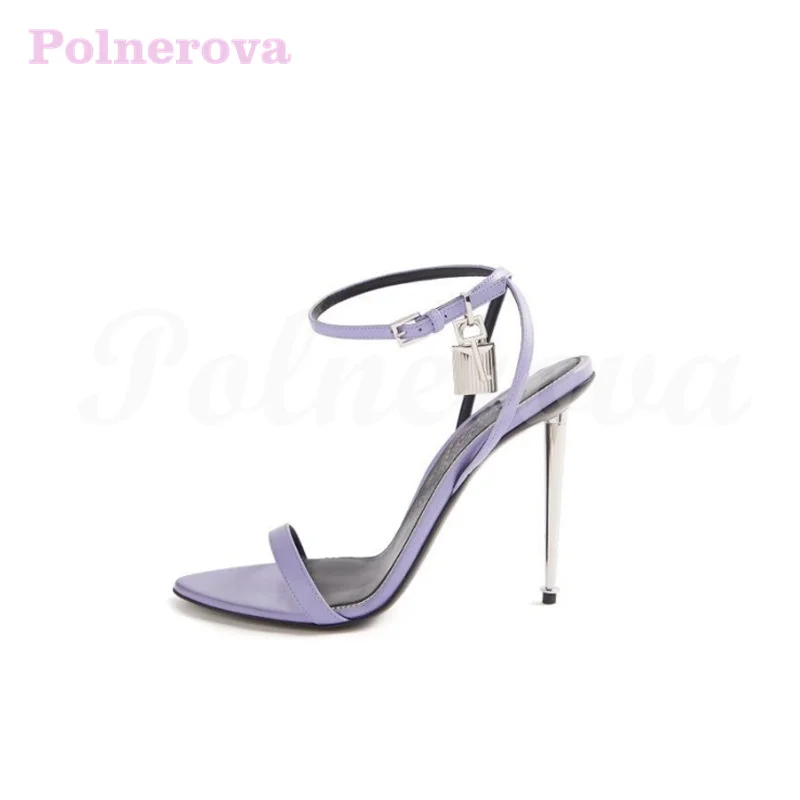 Pure Color Mirror Padlock One-Word Buckle High-Heeled Sandals Fashion Catwalk Sexy Sandals Electroplating Iron Heel High-Heels