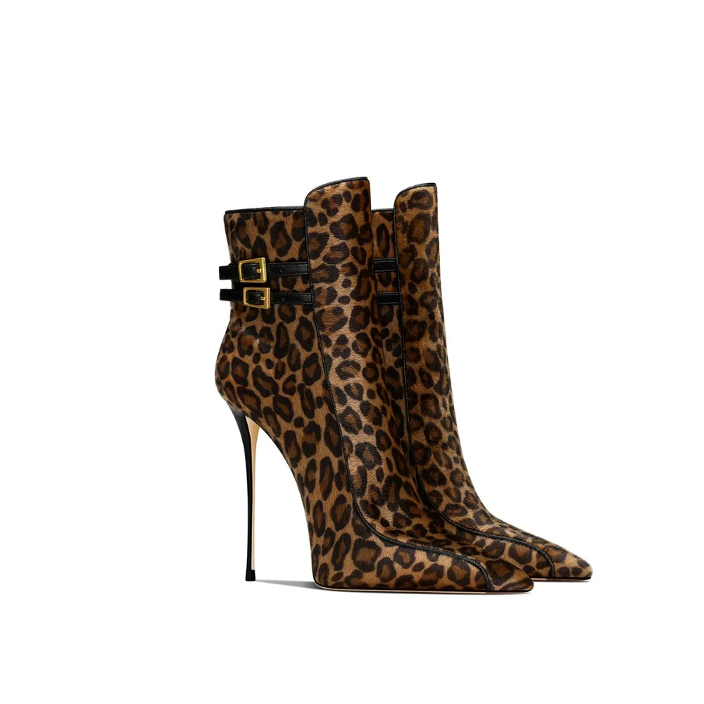 

2025 New Leopard Print Brown Suede Ankle Boots Pointed Toe Stiletto Heel Women Fashion Boots