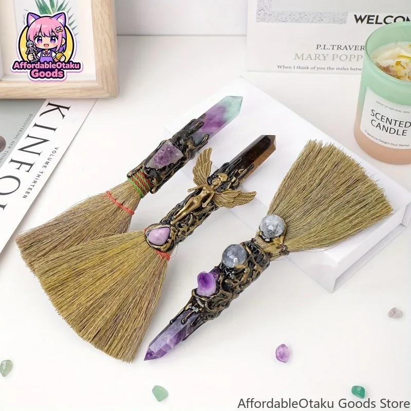 Natural Crystal Witch Broom Handmade Mini Magic Besom with Random Metal Charm DIY Halloween Decor Cosplay Prop Desktop Ornament