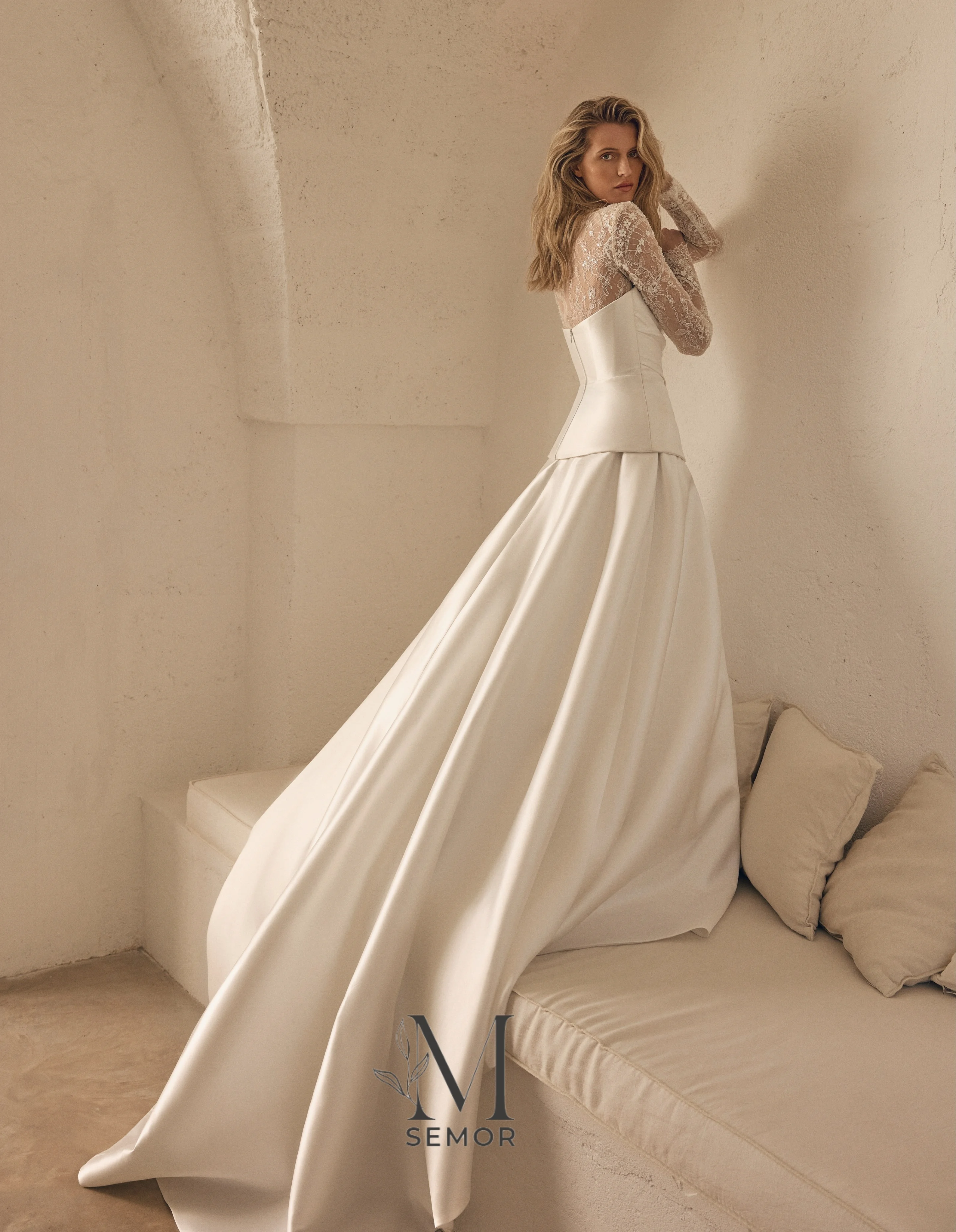 Semor Vintage Romantic Two Piece Bridal Gown 2027 Detachable Lace Long Sleeve Satin A Line Wedding Dress For Outdoor Customized