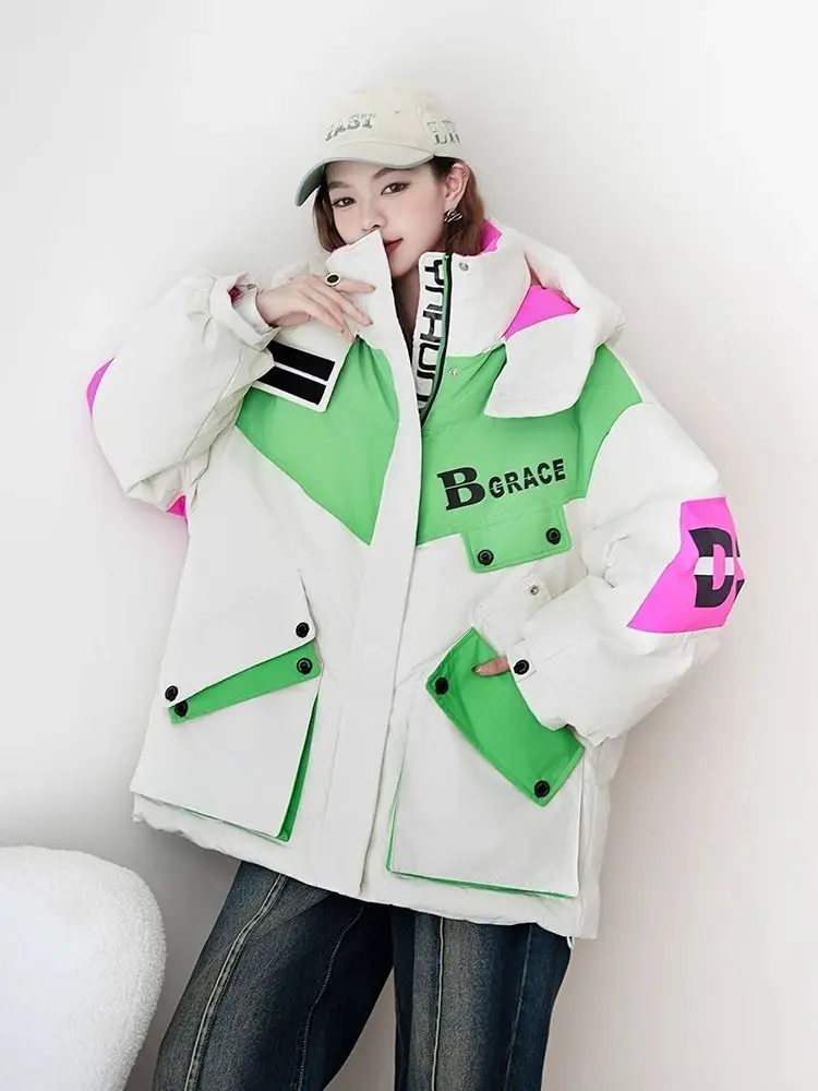 European fashion contrasting color cargo Parker medium long down jacket women's winter new white duck down loose jacket