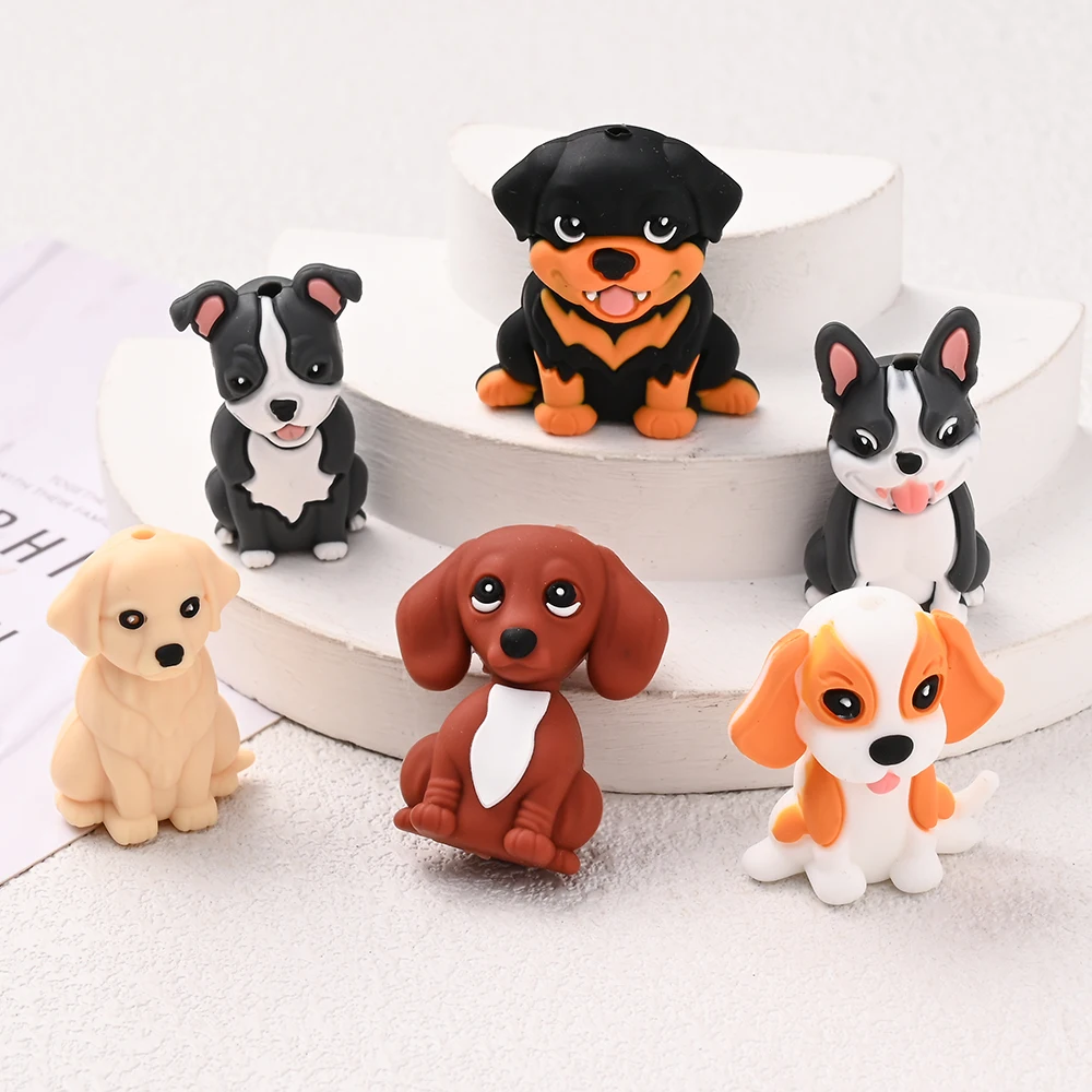 6pcs Cute Dog Series Silicone Beads For Handmade Pacifier Chain Beaded Pen Keychain Jewelry Making Accessories