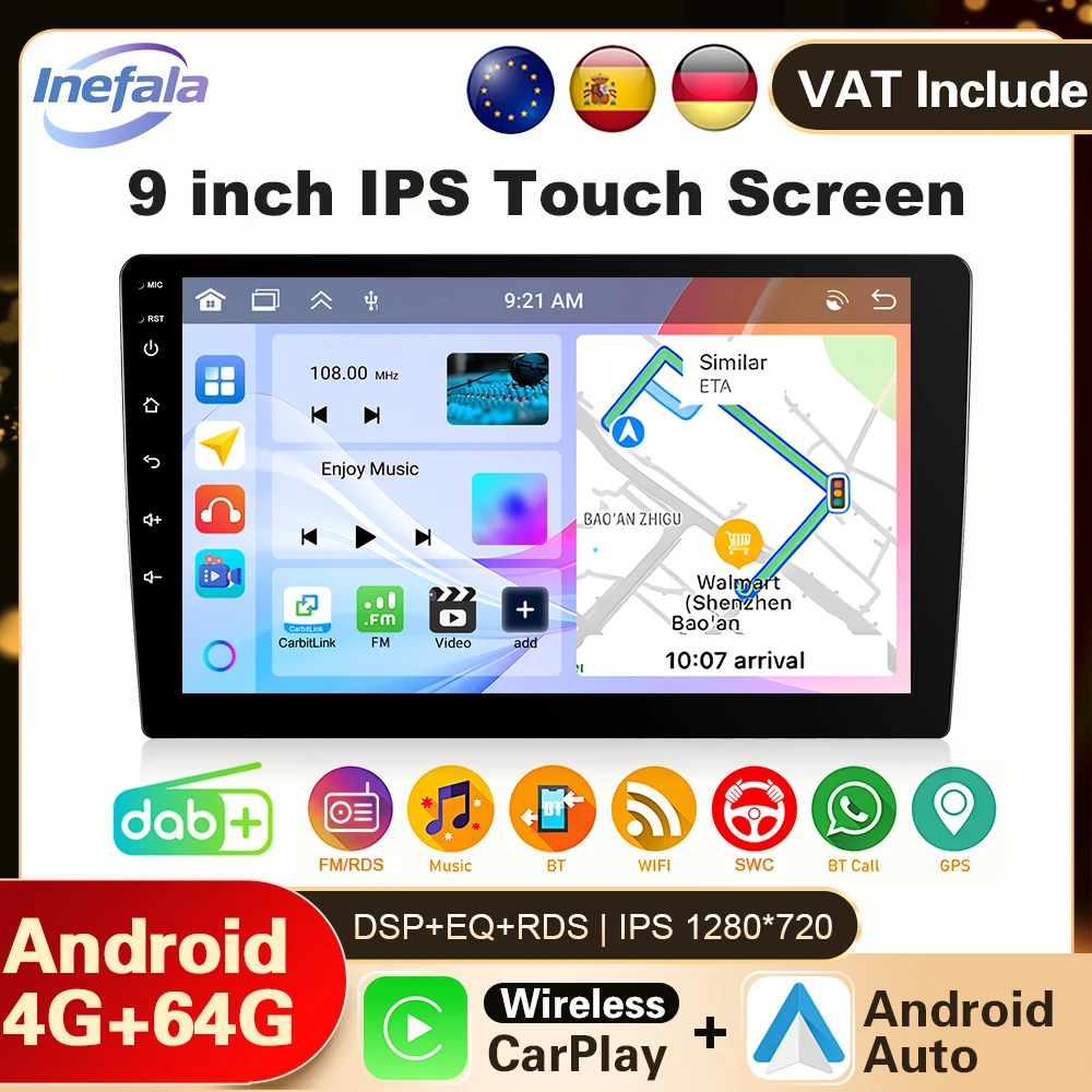 Podofo Android 13 2 Din 4G+64G Autoradio 9" Kabelloses CarPlay/Android Auto Intelligentes Autosystem GPS-Navigation BT WiFi Android Autoradio FM DAB 4G USB Auto-Video-Multimedia-Player