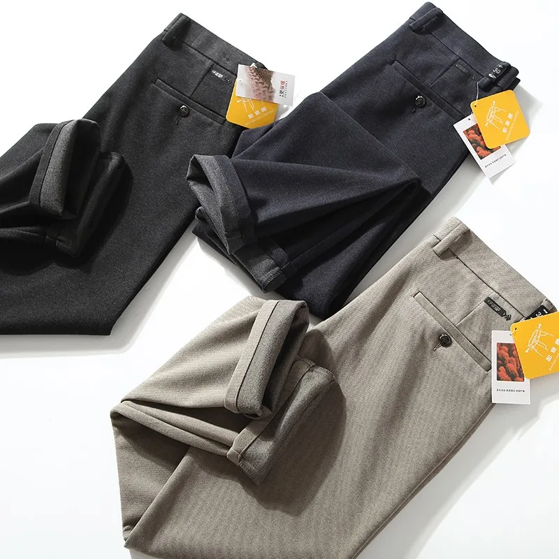 

Warm Lightweight Men's Autumn Winter Woolen Texture Busin Casual Pants Elastic Straight Leg Faion Urban Sle Trousers