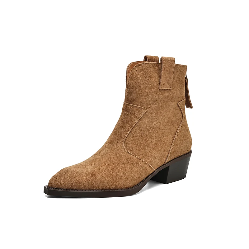 Natural Suede Women Western Boots Winter Black Brown Khaki Ladies Square Toe Ankle Boots Fashion Patchwork Back Zipper Boots