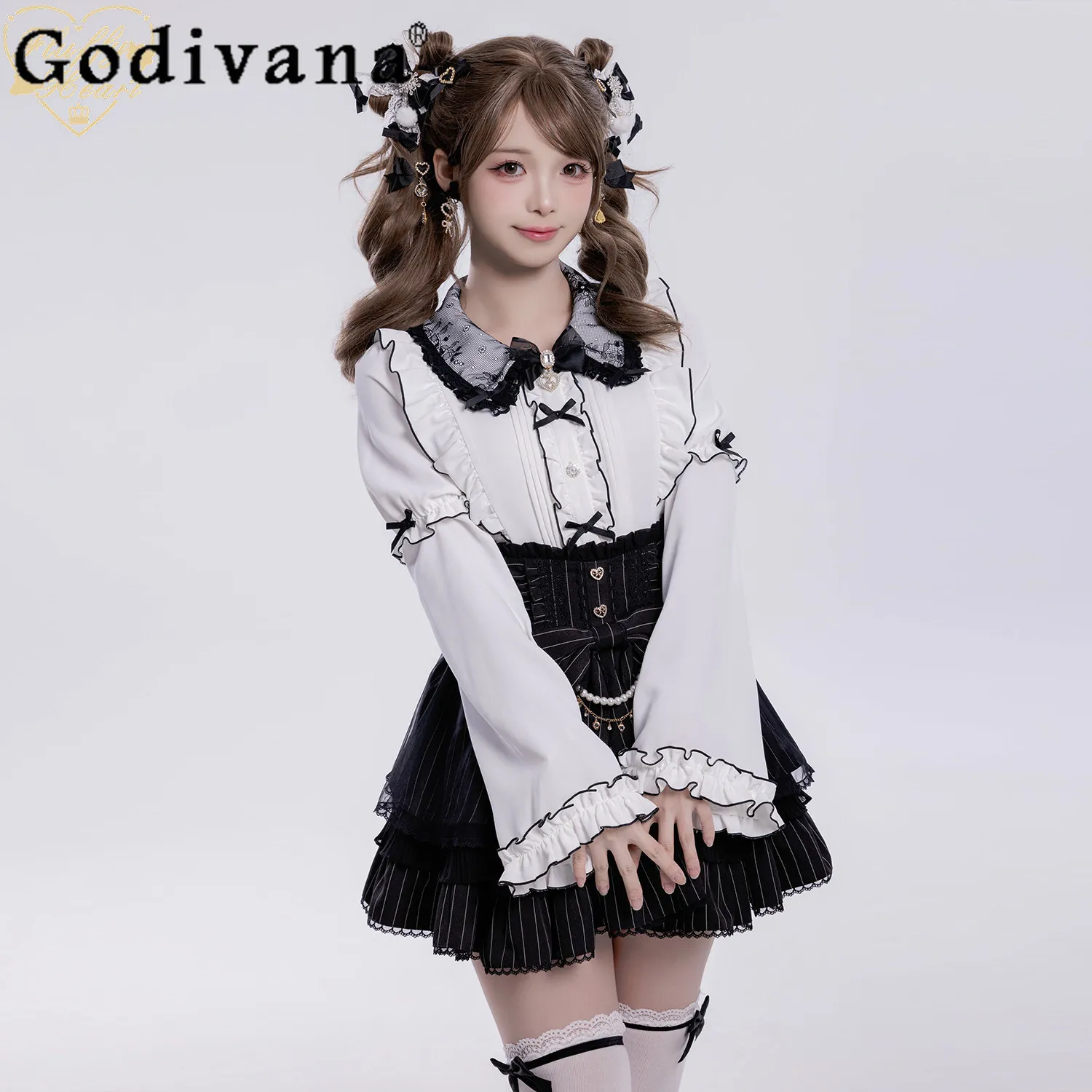 

Новая весенне-летняя женская блузка в японском стиле с отстегивающимися длинными рукавами, милый кружевной топ с бантом в стиле Лолита, 2026