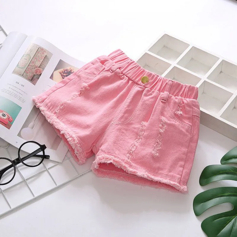 Girls' Summer Ripped Hole Denim Shorts New Children's Raw Edge Loose Jeans Korean Edition Thin Children's Shorts 2-10Years Old