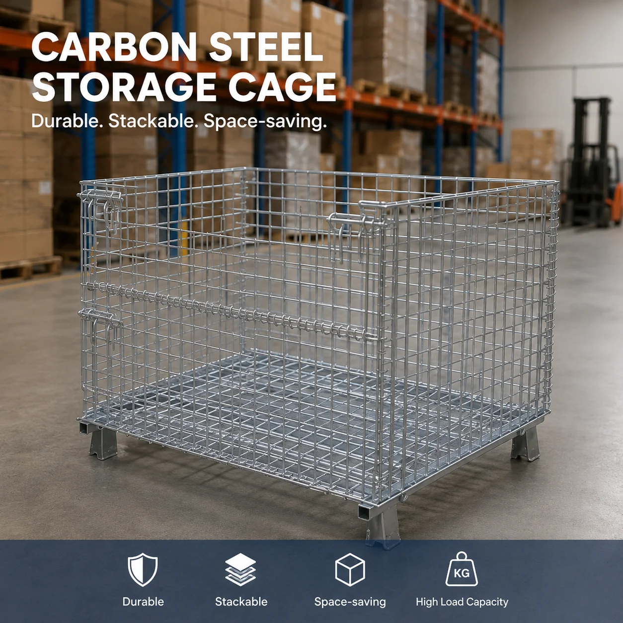 Carbon Steel Storage Cage Galvanized Foldable Stackable Warehouse Mesh Container High Load Capacity Durable