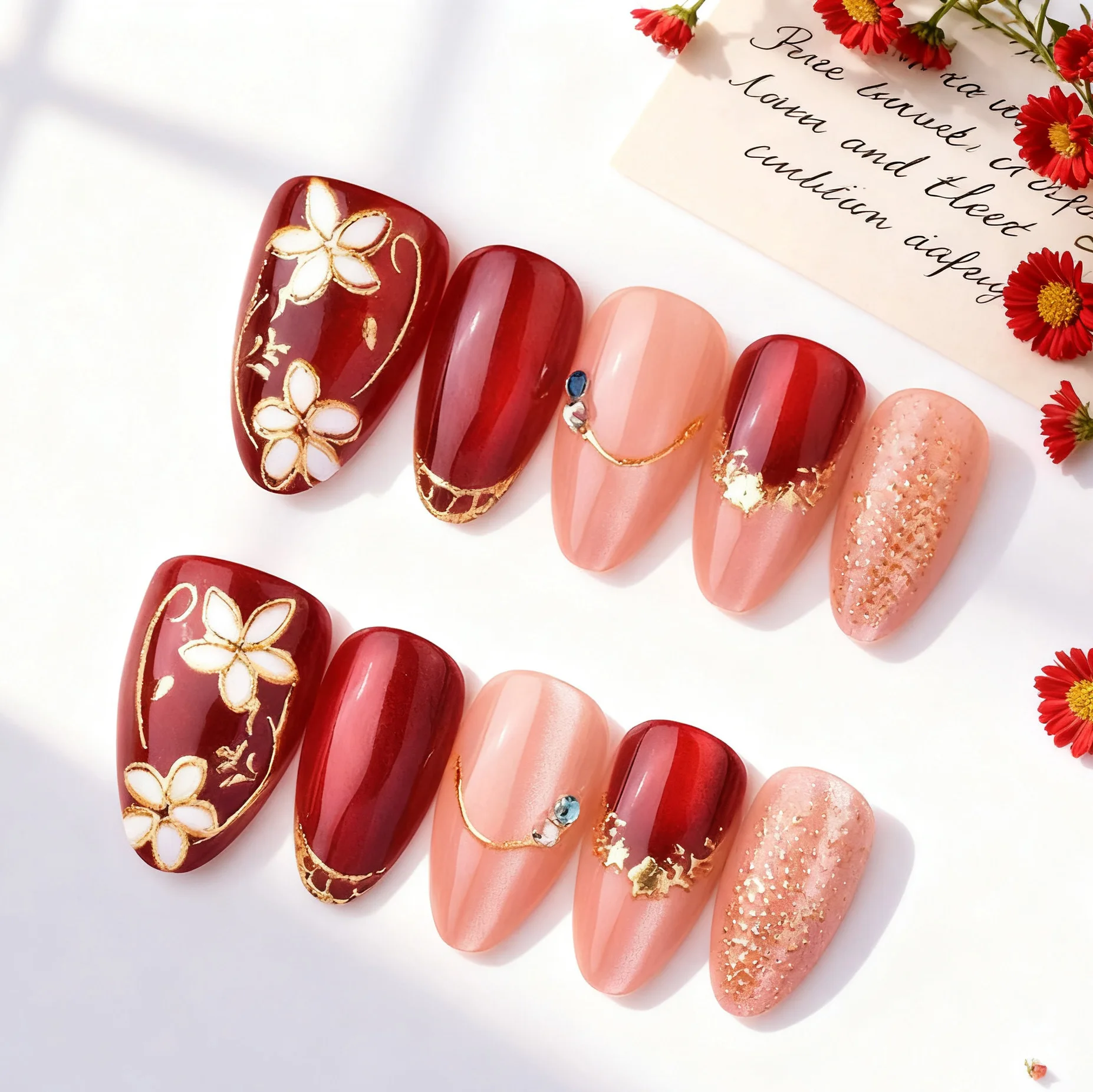 24 stuks vergulde cat's eye ontwerp kunstnagels druk op kersen aardbei nepnagels middellange amandel draagbaar volledige dekking nagels tips