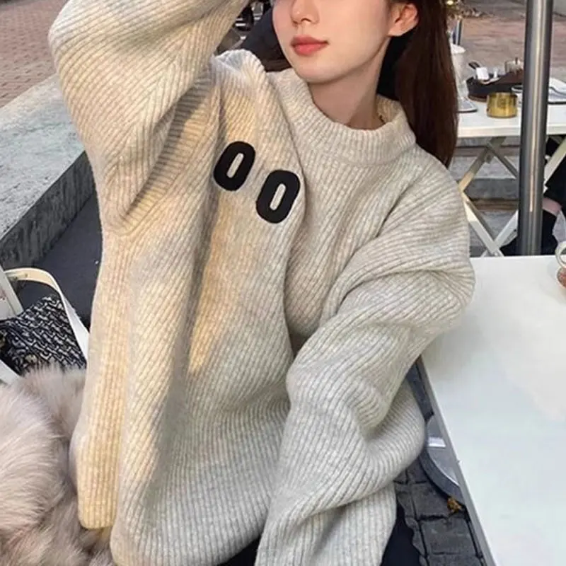 Korean Vintage Loose Knitted Jumpers Female Clothing Chic Letter Patch Designs Autumn Winter O-Neck Basic Long Sleeve Sweaters