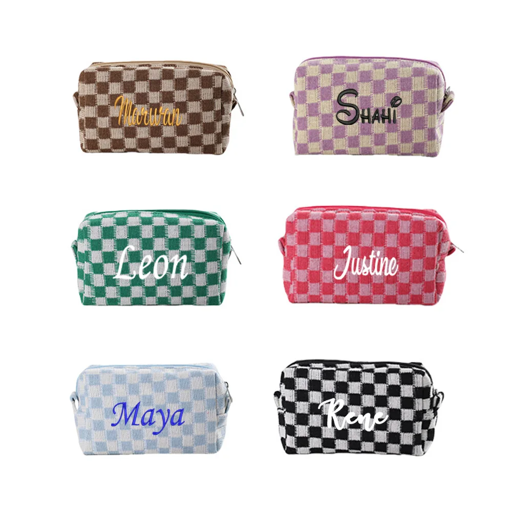 

Checkered Makeup Bag Customized Name Storage Bag Bridesmaid Gift Handbag Makeup Bag Bridal Bag Personalized Exclusive Bag