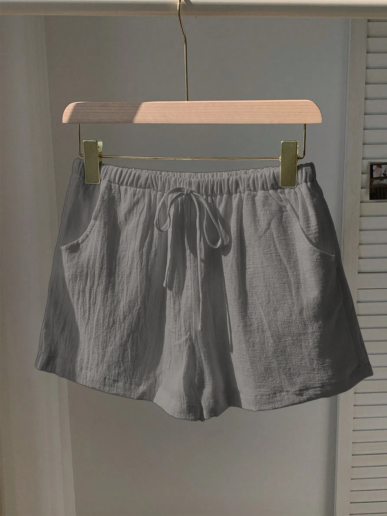 Damen Neue Frühling-Sommer Leinen Einfarbige Lässige Sport-Shorts mit Elastischem Bund und Kordelzug – Detail 14