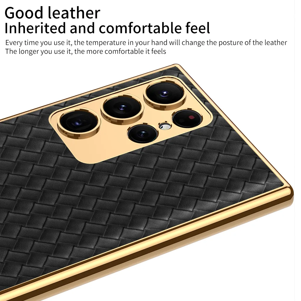 gold High-end electroplated plain leather phone case for Samsung Galaxy S23 S23 Ultra 23 plus personalized woven leather pattern