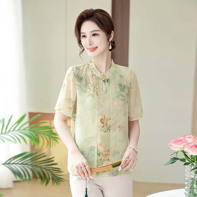 

Chinese Style Chiffon Shirt Stand Collar Button Thin Foreign Women's Summer Top