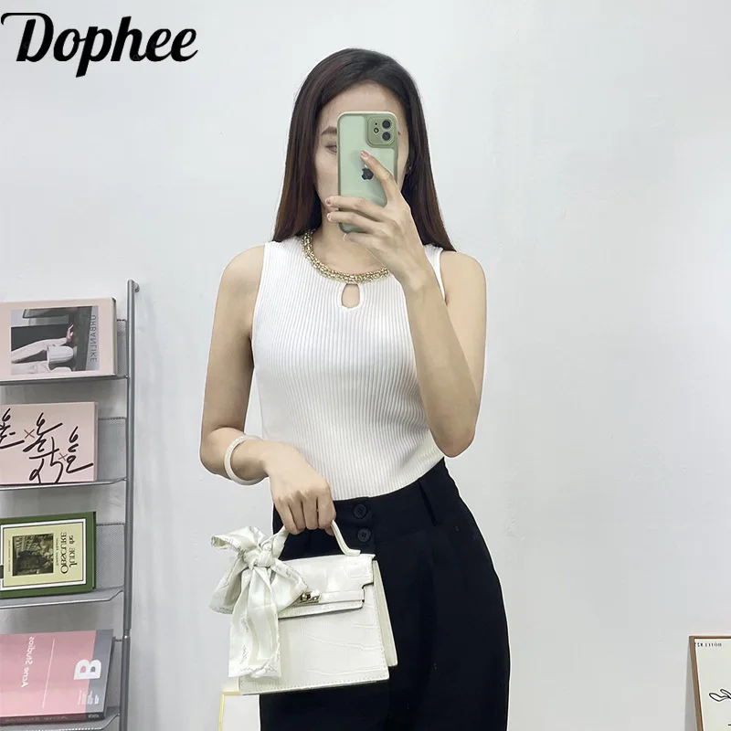 

Dophee 2024 New Spring Summer Female Camisole All-match Elegant Water Drill Beads O-neck Sleeveless Knitting T-shirt Basic Top