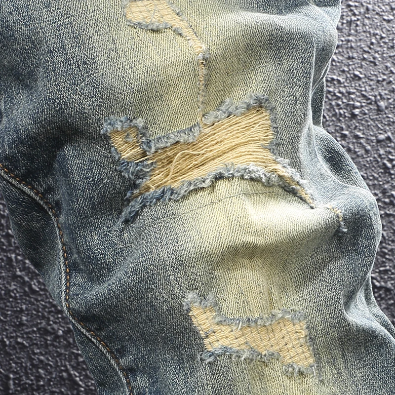 Y2K ファッション 新しいジーンズ しわ、傷、刺繍、ウォッシュ加工、ノスタルジック、伸縮性、痩身、レトロ、イエロー ブルー ジーンズ