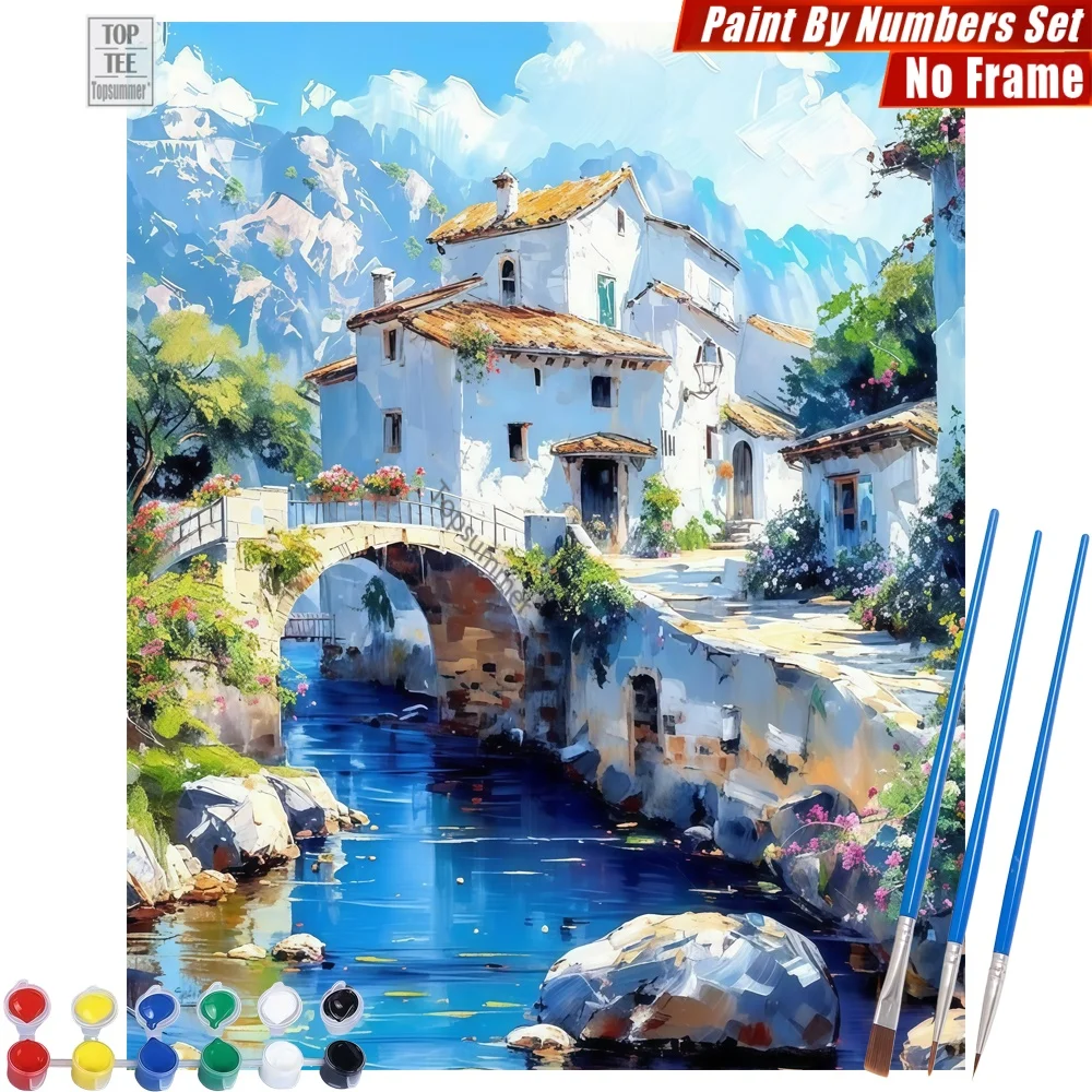 Kit de pintura por números de pueblo de piedra pintoresco - Arte de pared con puente de casas blancas, decoración del hogar, regalo de Año Nuevo para un amigo
