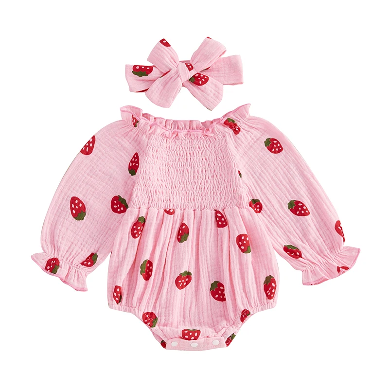 

Baby Girls Spring Autumn Romper Long Sleeve Strawberry Print Romper with Headband