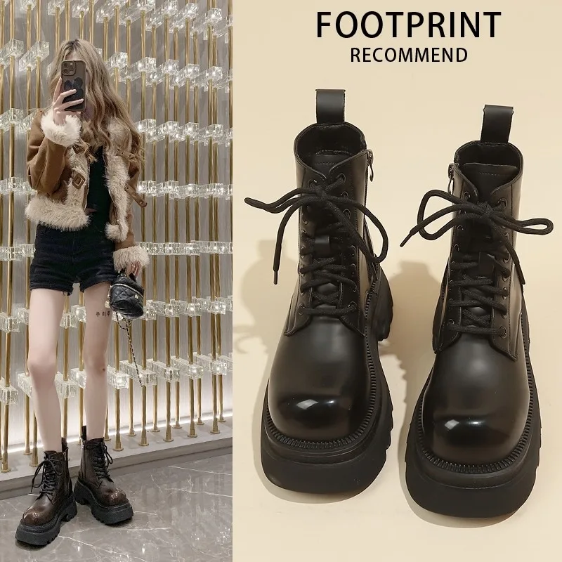 

Women's Faux Patent Leather Fashion Boots Solid Lace Up Thick Bottom Non-slip Ankle Boots Spring Autumn Hot Woman Hiking Boots