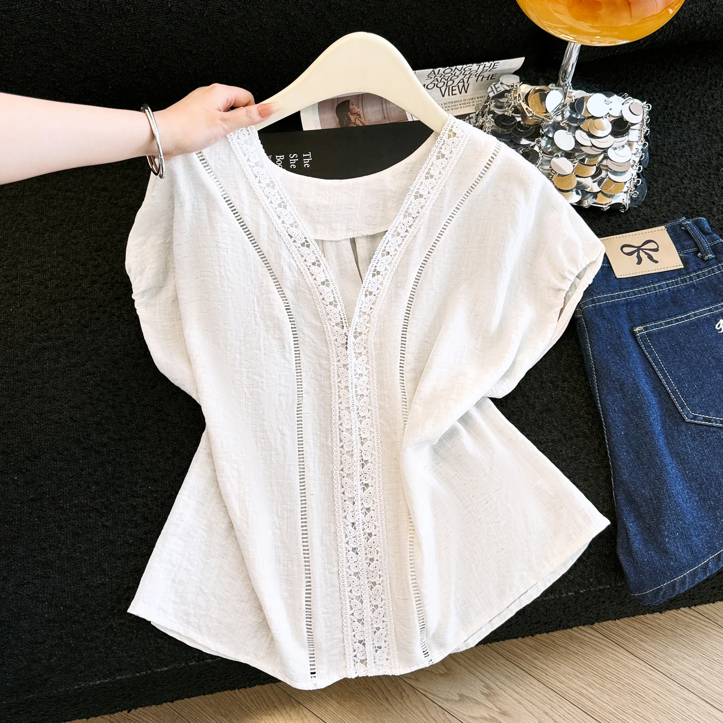 

Summer 2026 New Lace Collar Cotton Linen Base Shirt Loose Women's Lazy Style T-Shirt V-neck Short Sleeve Artistic Commute Style
