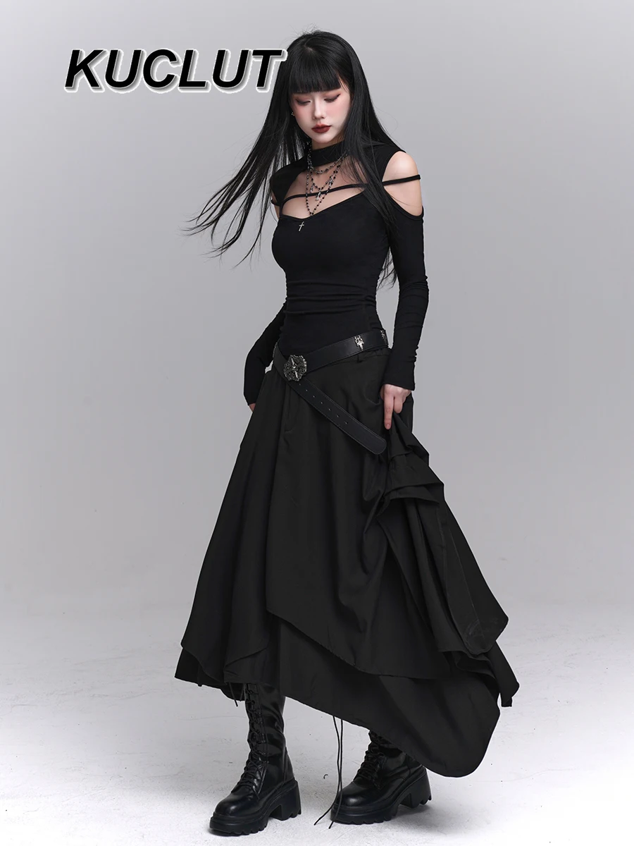 Spring and Summer Black Irregular Skirt Female 2025 New Elegant Casual Solid Color Fashion Simple Long Skirts for Women