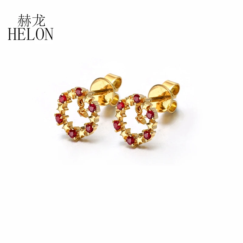 HELON Women Gemstone Earrings Solid 14k Yellow/Rose/White Gold AU585 0.23ct Round Genuine Natural Ruby Engagement Stud Earrings