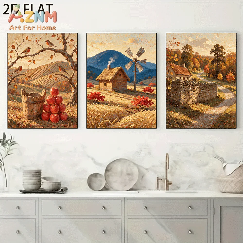 AZNM Frameless Canvas Wall Art, Autumn Farmhouse Windmill Apple Country Landscape Print, Vintage Fall Rural Scenery Wall Decor f