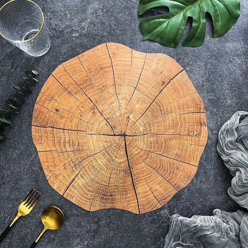 1Pc 38x38cm Irregular Simulation Tree Stump Dining Mat Home PP Waterproof Anti Slip Insulation Placemat Wedding Decoration