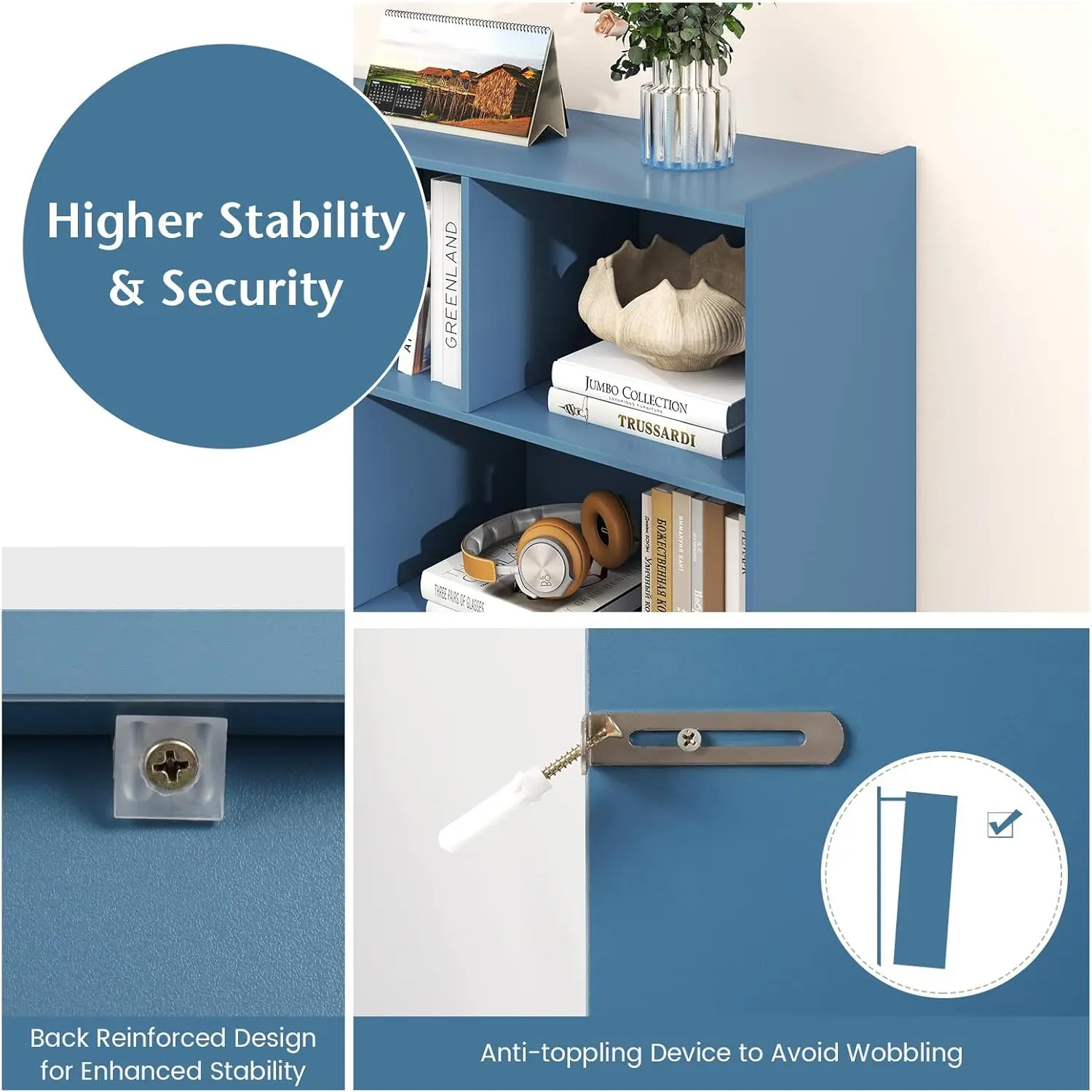 رف كتب خشبي للأطفال مكون من 3 طبقات، منظم تخزين ألعاب 5 مكعبات للحضانة والفصول الدراسية وغرفة المعيشة (أزرق)