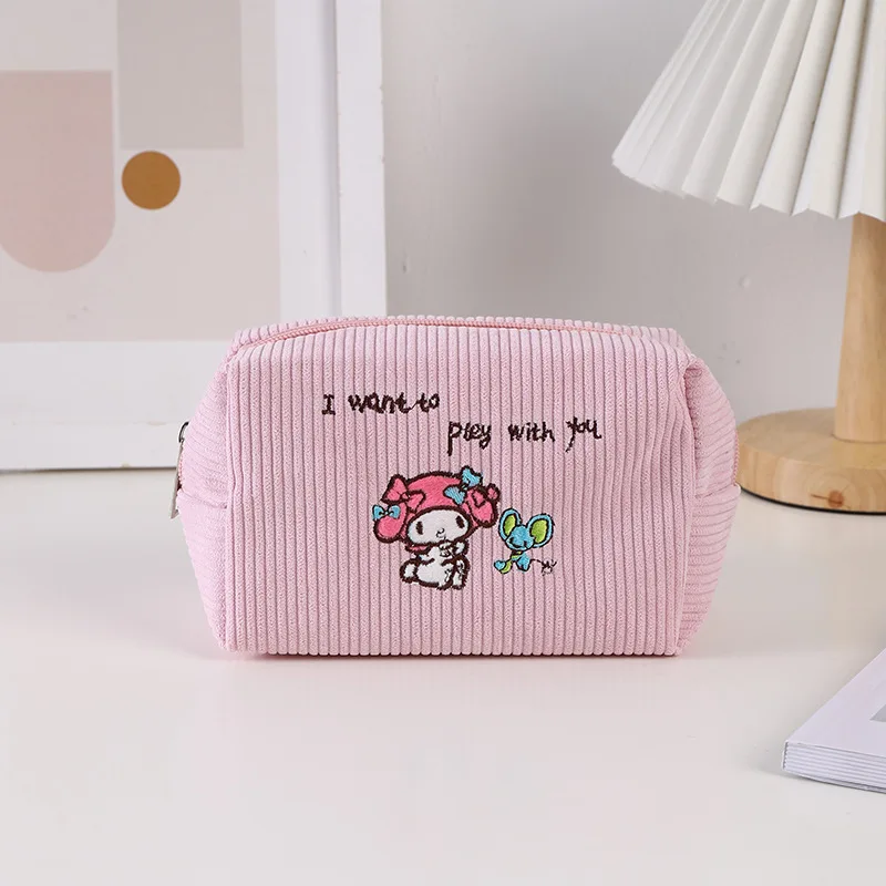 Sacchetto cosmetico Sanrio Kawaii Cartoon Kuromi Cinnamoroll velluto a coste astuccio per matite di grande capacità Melody Pochacco studente regali