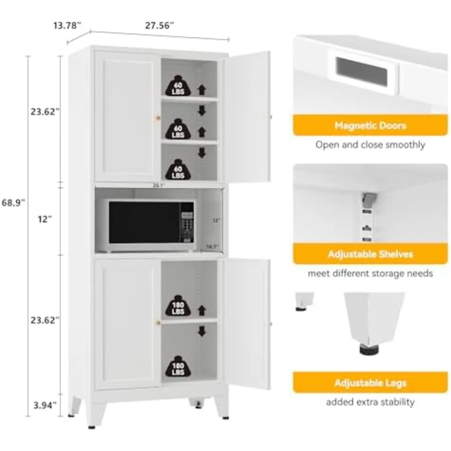 69" Tall Metal Kitchen Pantry Cabinet with Microwave Shelf, 4 Doors & 3 Adjustable Shelves, Heavy Duty Food Storage image 3