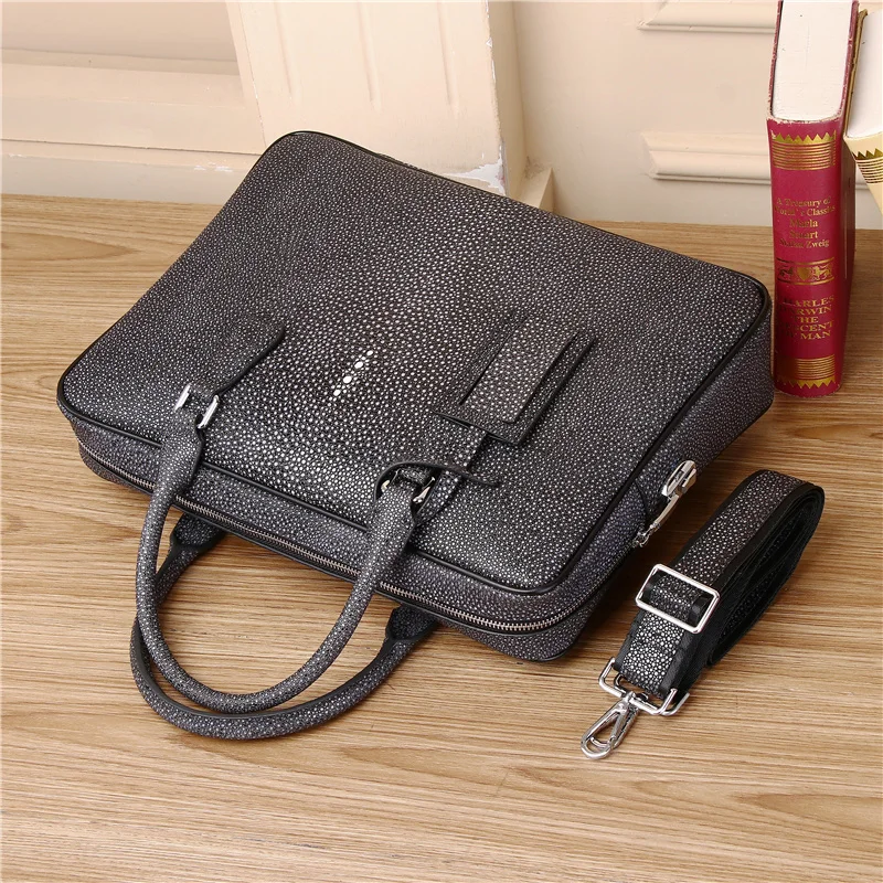 Genuine leather handheld business briefcase, pearl fish computer bag, multifunctional devil fish one shoulder crossbody bag