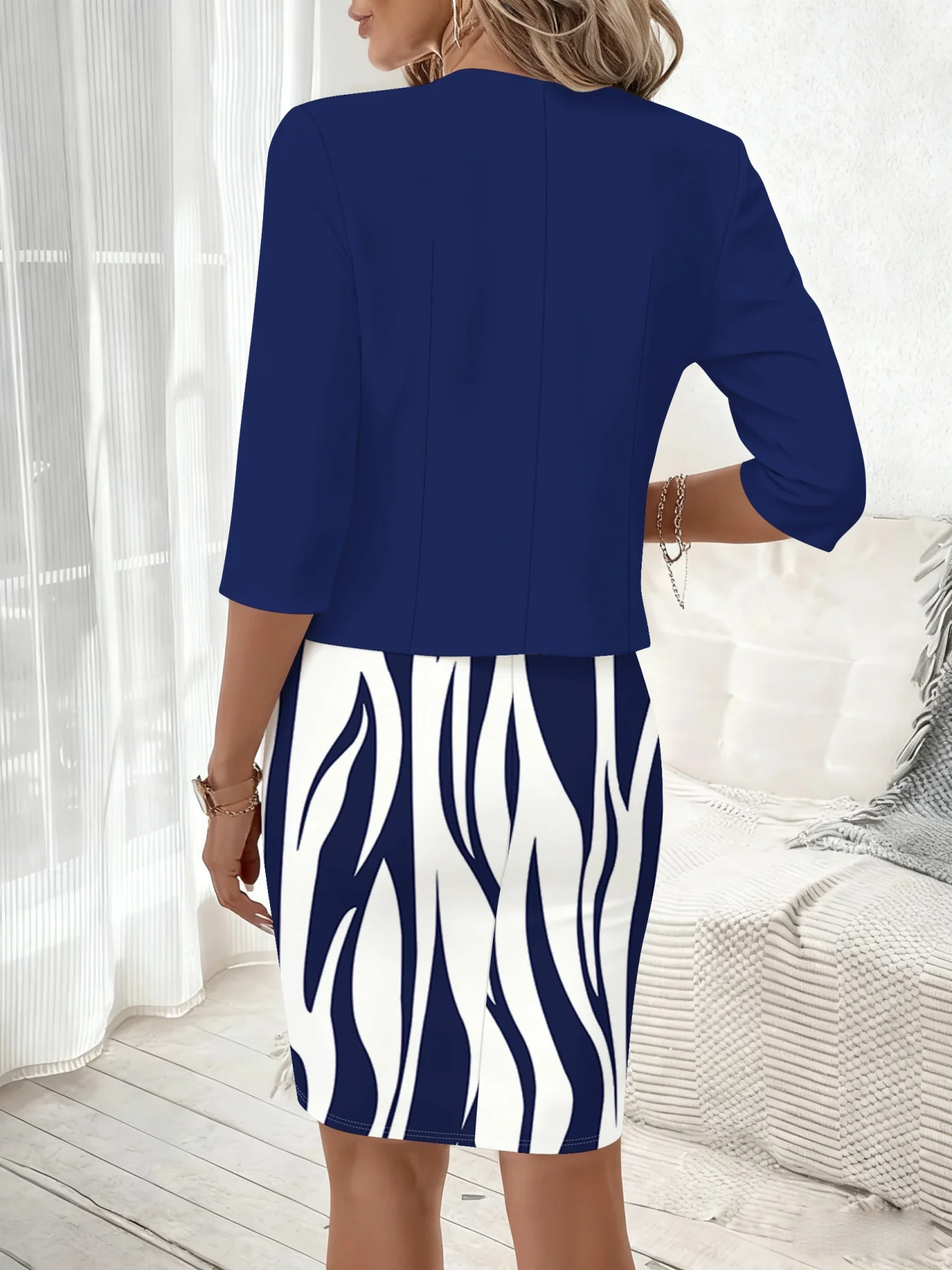 Printed design Casual Style Blue And White Zebra Print Round Neck Dress Set
