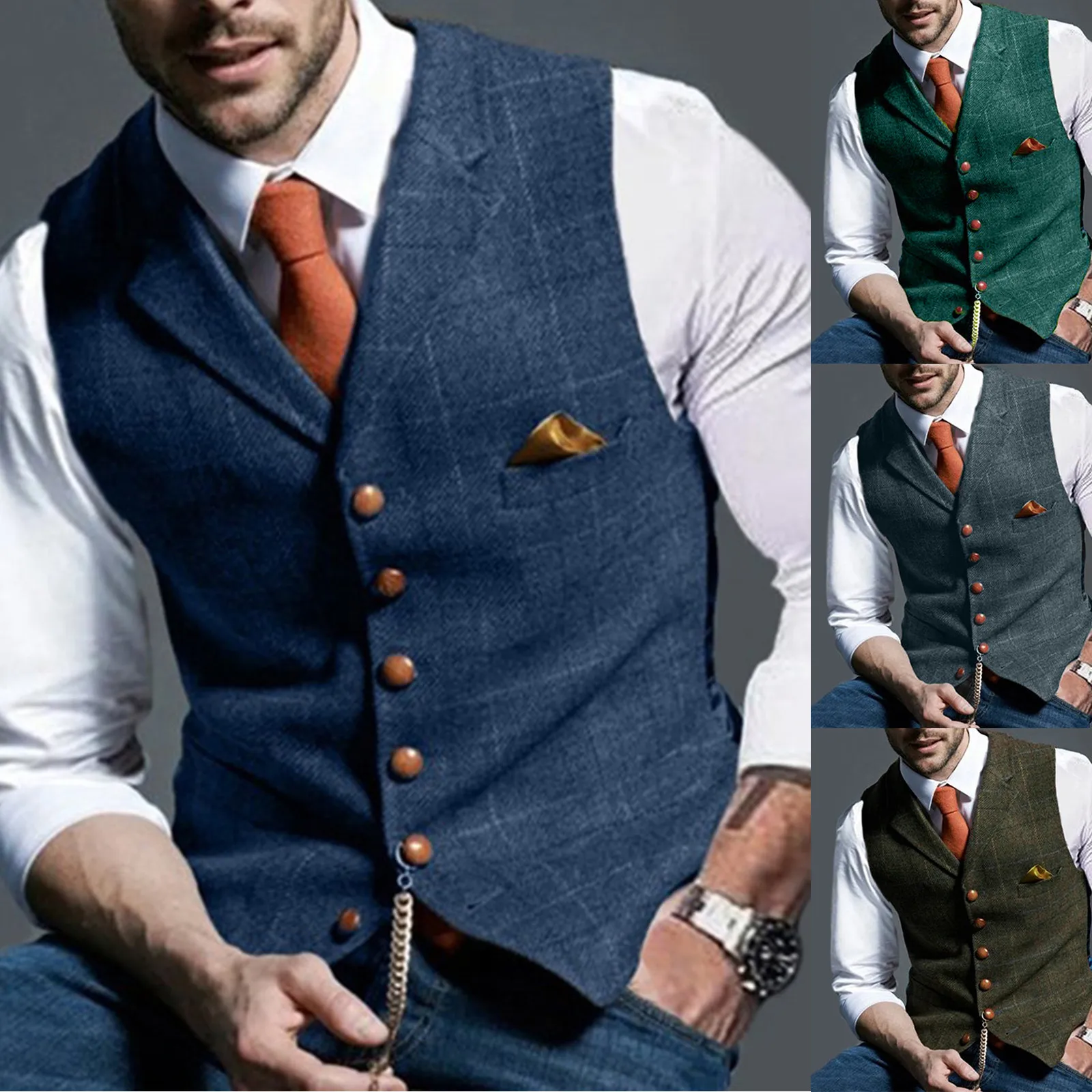 Men\'s Casual Classic Suit Vest V Neck Herringbone Tweed Slim Fit Business Waistcoat For Wedding Men\'s Lapel Plaid Vest