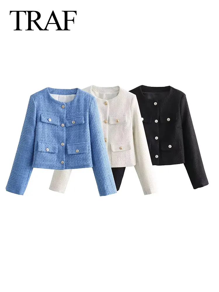 

TRAF Spring Fashion Long Sleeve Round Neck Women's Office Jacket Textured Shoulder Pad Women's Small Fragrance Jacket Y2K