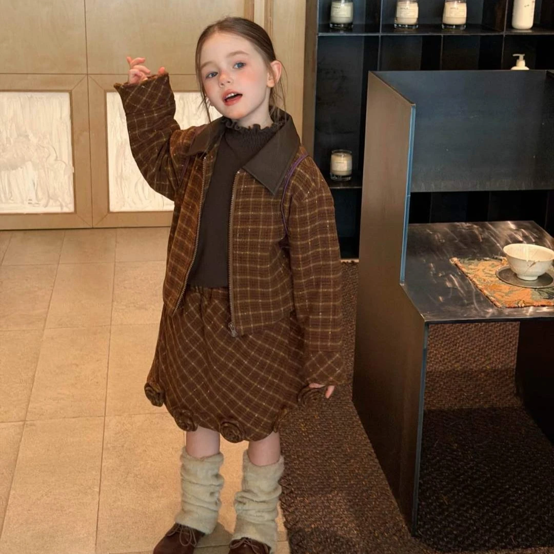 Girls Suit 2026 Spring and Autumn New Childrens Clothes Girls Baby Retro Print Coat Three-dimensional Flower Skirt Two Sets