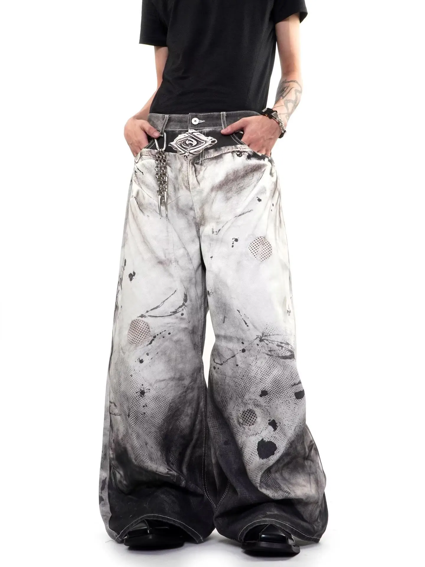 American New Fashion Oversized Pattern Printed Washed Jeans Men Y2K Gothic Rock Popular Casual Joker High Waist Wide Leg Pants