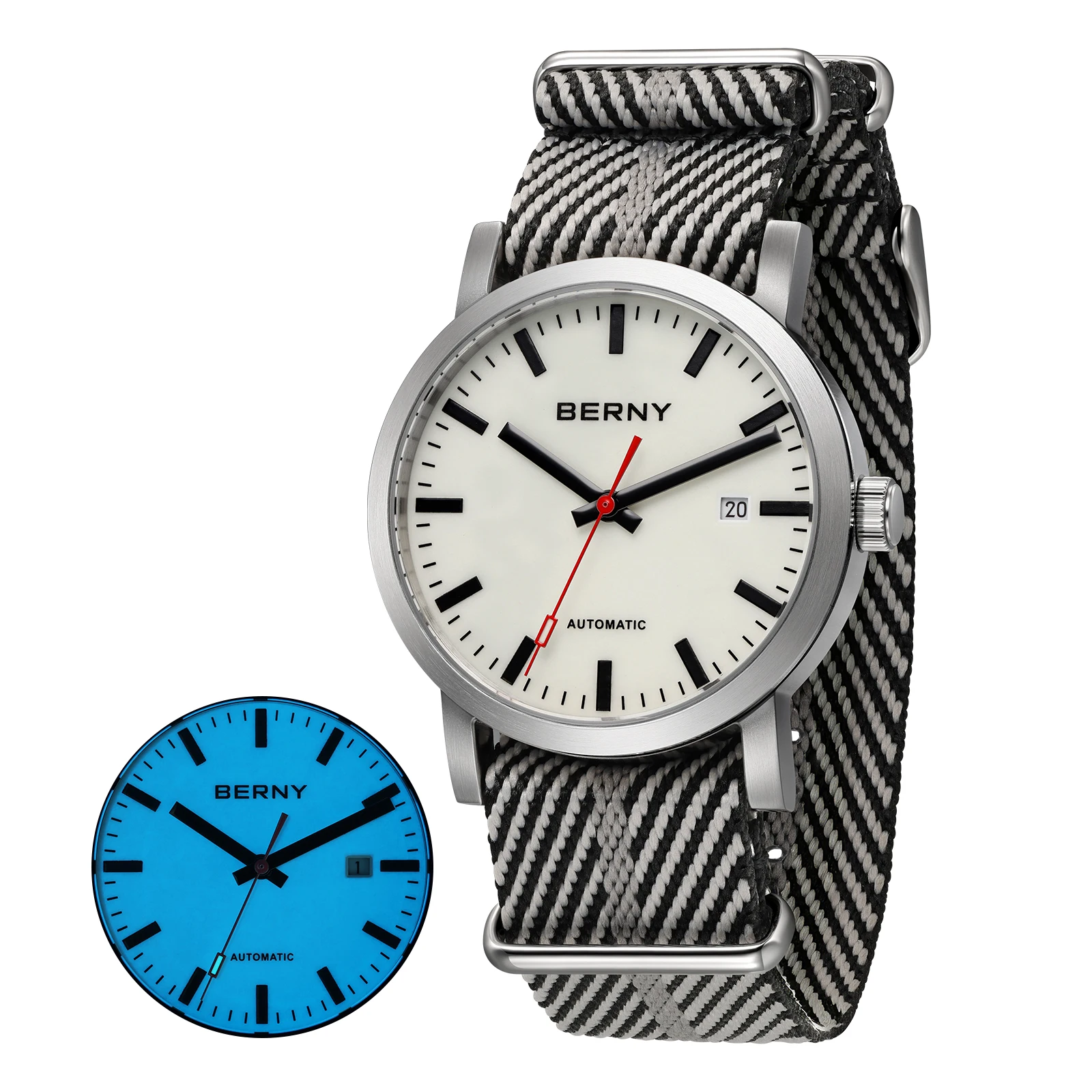 BERNY Automatikuhr Herren 40mm Leuchtend MIYOTA 8215 Nylonarmband Saphir 50M Wasserdicht Herren Mechanische Uhr