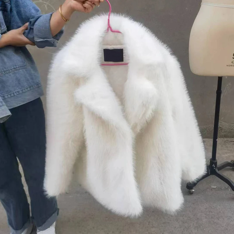 

Luxury Fashion Fluffy Furry Faux Fur Jacket Women Winter Shaggy Overcoats Lapel Thick Warm Long Faux Fox Fur Coat Outerwear