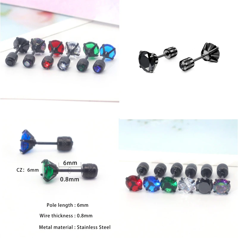 

Black Stainless Steel Double-Ended Drill Screw-Back Earrings 2-8mm Four-Prong Zircon Threaded Cylinder Jewelry Accessories